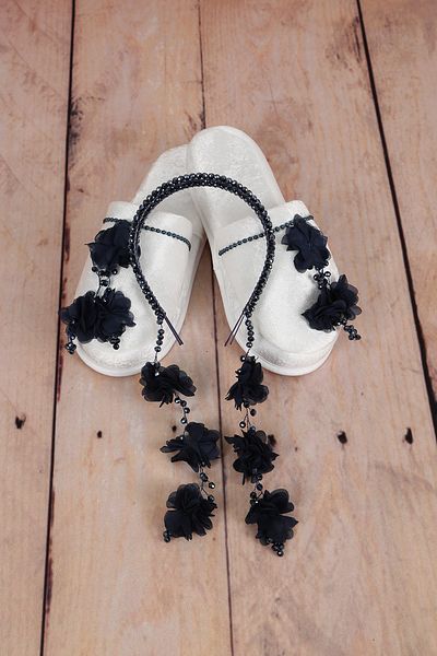 lohusahamile Navy Blue Special Design Dangling Pearl Crown and Maternity Slippers Set