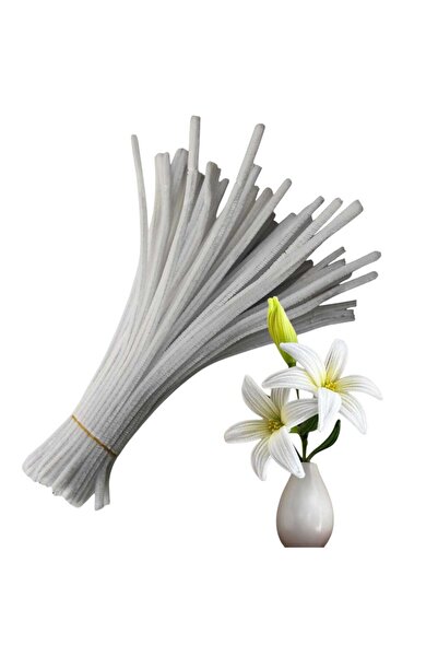 Butik 50 Adet Beyaz Şönil, Çiçek Yapımına Uygun Tüylü Tel, 30 Cm 6mm