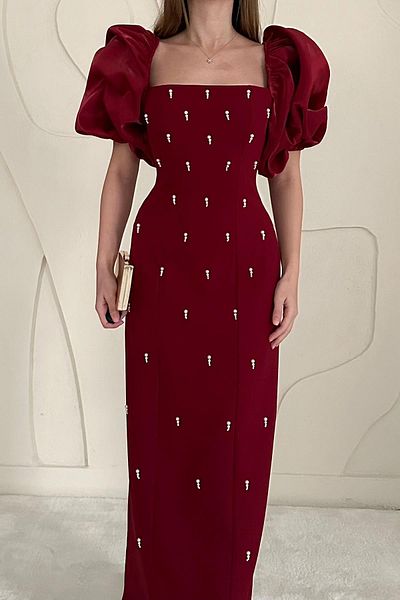 Elbee Fashion Woman Dress with Garnished Sleeves and Embroidery Detail