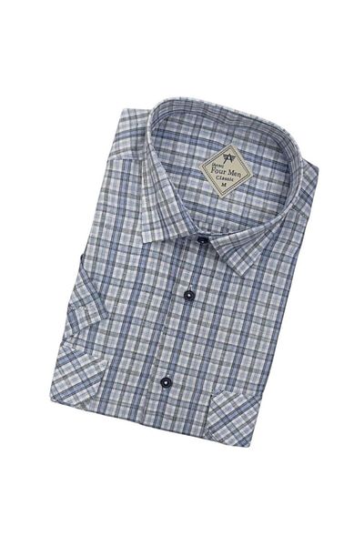 EREN STYLE Linen Linen Classic Short Sleeve Two Pocket Flap Blue Dad Shirt (Regular Fit)