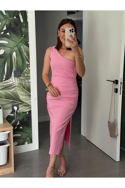 X-Young One Shoulder Gathered Side Dress Pink
