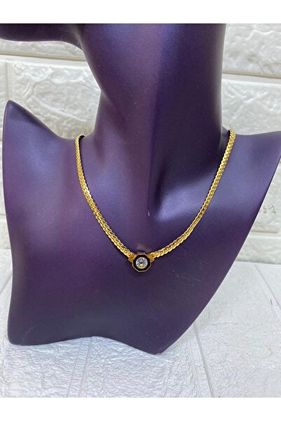 sema aksesuar Gold Zircon Single Stone Braided Chain Necklace - Serenay Sarıkaya Necklace - Gift