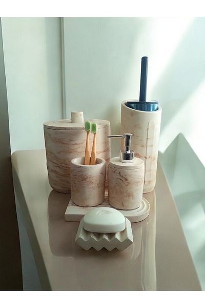 Trust Stone Σετ μπάνιου Marble Series Coffee Beige Concrete, Κάδος απορριμμάτων, Σετ βούρτσας τουαλέτας