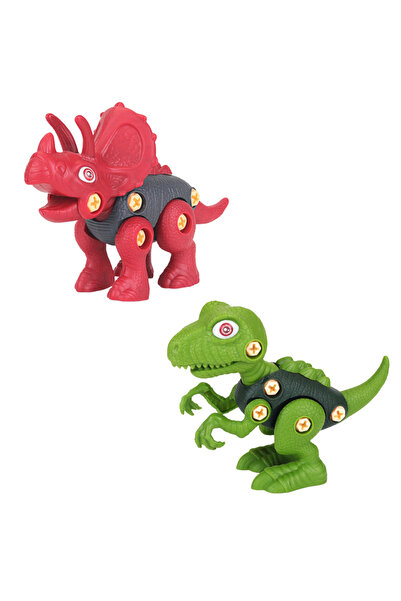 LUDIRO Σετ 2 διαδραστικών παιχνιδιών STEM DIY, Κατασκευάσιμοι δεινόσαυροι, Τρικεράτοπας και Βελοκιράπτορας, Κόκκινο Πράσινο