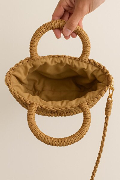 Timeless Doğal Hasır Örgü Kadın Omuz ve El Çantası – Astarlı, Yuvarlak Saplı