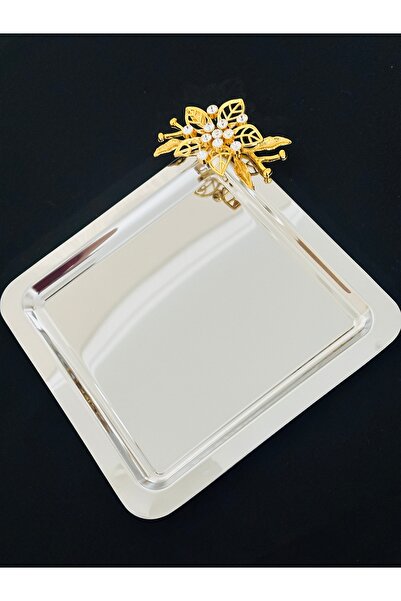 Melinda home Stainless Steel Square Stone Flower Accessory Detailed Tea, Coffee, Treat Serving Presentation Tray 21X21