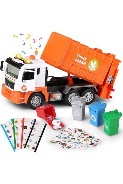 LUDIRO Camion de Gunoi Interactiv Pull Back cu Lumini si Sunete Realiste, Usi mobile, 4 Containere