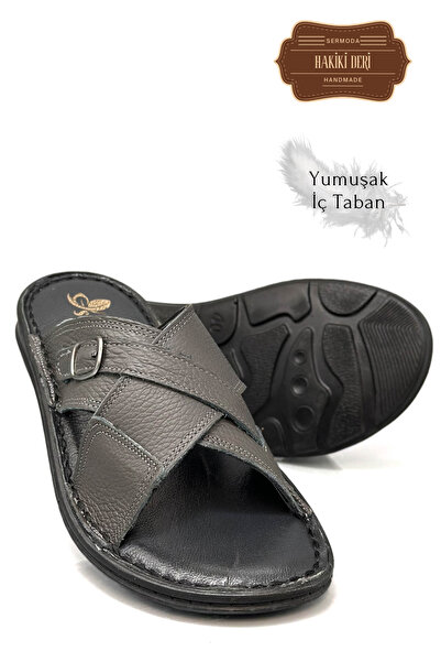 sermoda Genuine Real Leather Men's Slippers Lightweight Slippers Leather t Smoked