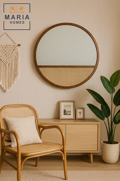 MARIA HOMES Round Wall Mirror 100 cm – Dark Wood Frame with Rattan Panel