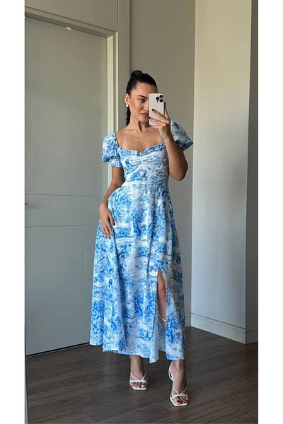 Nopen Knitwear Front Gathered Slit Detailed Maxi Dress