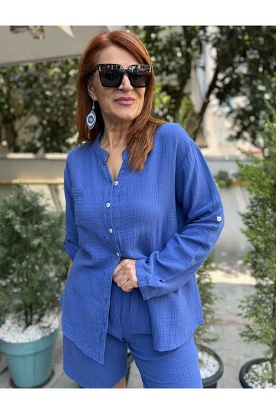 DenizEge Cămașă cu guler de judecător de muselină Albastru indigo