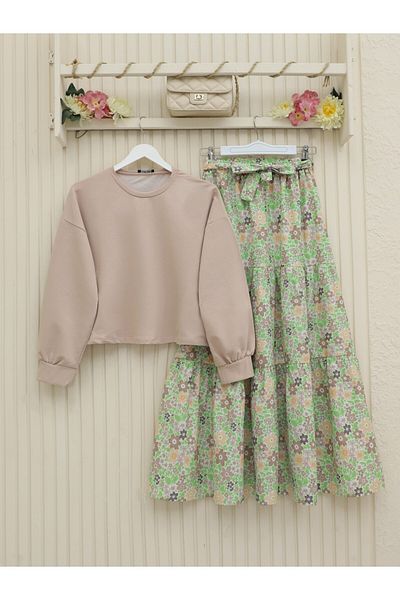 Modamorfo Floral Patterned Belted Double Suit
