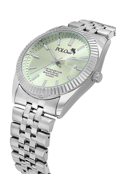 Polo Air Metal Case with Lens Calendar Men's Wrist Watch Silver Light Green Color Pl-0988E5X
