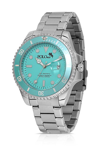 Polo Air Rotating Case with Eyepiece Calendar Men's Wrist Watch Silver Turquoise Color Pl-0989E5X