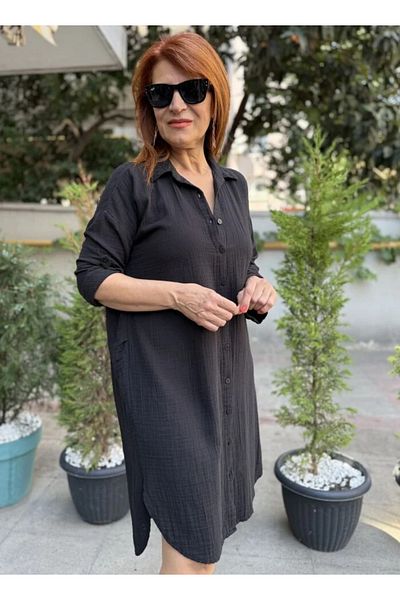 DenizEge Πουκάμισο Μουσελίνα Φόρεμα Μαύρο