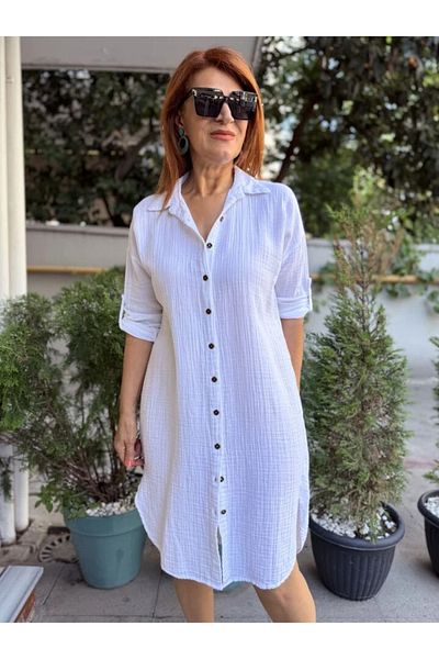 DenizEge Πουκάμισο Μουσελίνα Φόρεμα Λευκό