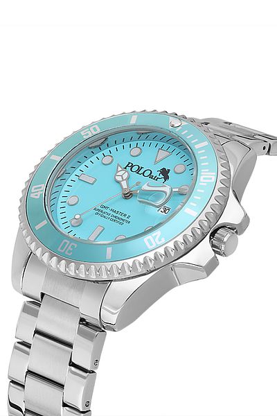 Polo Air Rotating Case with Eyepiece Calendar Men's Wrist Watch Silver Turquoise Color Pl-0989E5X