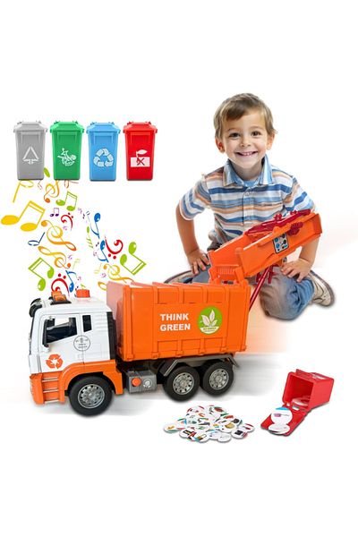 LUDIRO Camion de Gunoi Interactiv Pull Back cu Lumini si Sunete Realiste, Usi mobile, 4 Containere