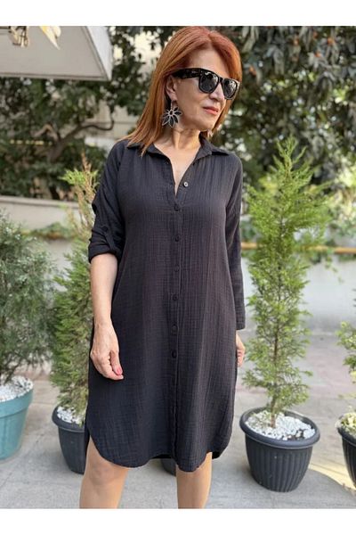 DenizEge Πουκάμισο Μουσελίνα Φόρεμα Μαύρο