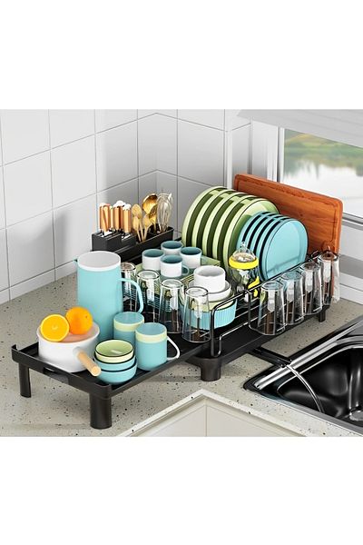 Herum Scurgător de vase cu suport pentru tocător, extensibil, cu fantă pentru scurgerea apei, Negru, 43-70 x 30 x 20,5 cm