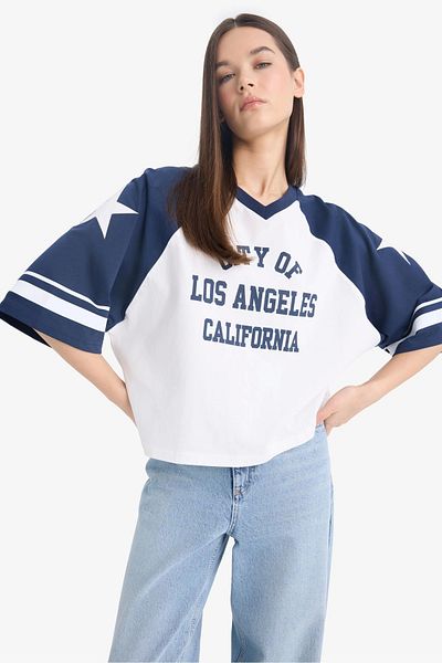 DeFacto F2904 Indigo Coool Loose Fit Crew λαιμόκοψη με κοντομάνικο μπλουζάκι