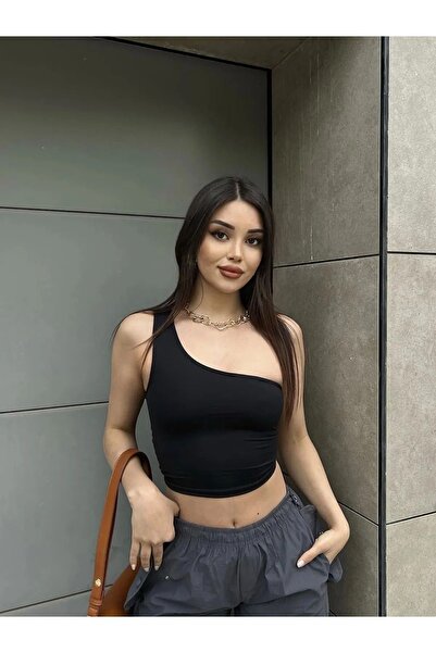 HEREN BUTİK Tek Omuz Dekolteli Esnek Kumaş Crop / Bluz