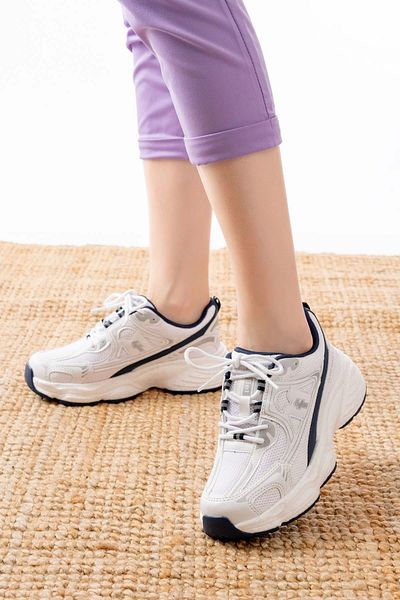 TB Terzi Bey F-329 White Daily Lace-Up Navy Blue Patterned Summer Sports Shoes