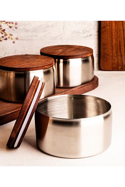 Steel & More Wooden Lid Steel Snack Bowl 7 Piece Leak Proof Storage Container 12cm