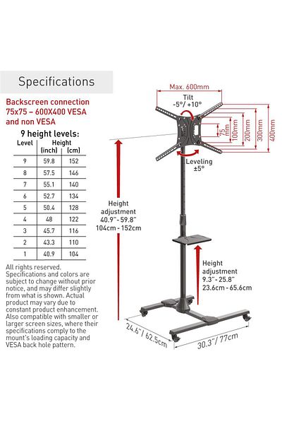 Barkan Mobile floor stand for flat/curved TV + metal shelf for laptop, 32 - 83, VESA