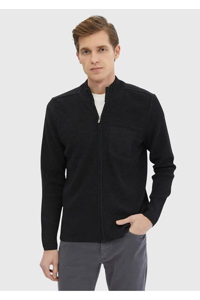 Ramsey Anthracite Judge Collar Solid Color Knitted Wool Blend Cardigan