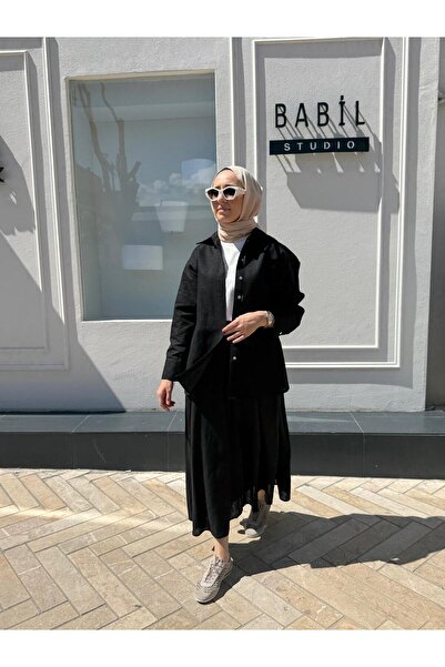 QOOQ STORE 25SS212 Λινό Basic Γυναικείο Πουκάμισο Μαύρο