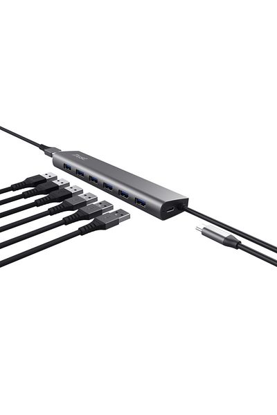 Trust Hub Halyx , 7 porturi USB 3.2 Gen 1, material aluminiu, input USB- C, output USB-A 7, gri