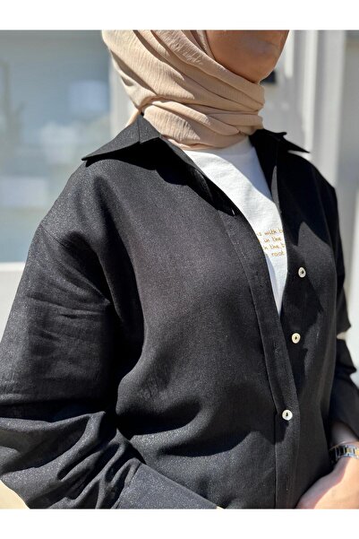 QOOQ STORE 25SS212 Λινό Basic Γυναικείο Πουκάμισο Μαύρο