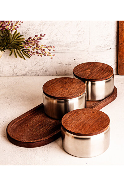 Steel & More Wooden Lid Steel Snack Bowl 7 Piece Leak Proof Storage Container 12cm