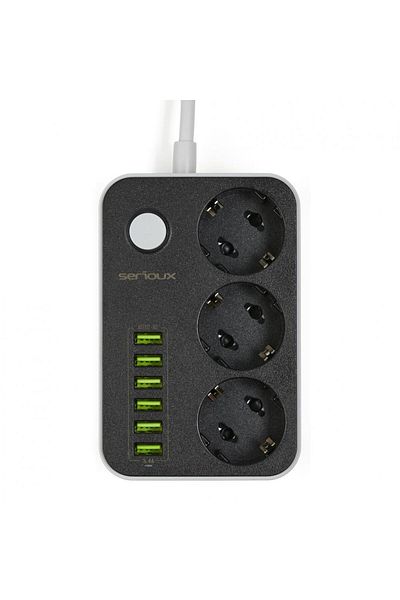 SERIOUX Extension cord with Serioux protection, 3 schuko sockets, input 100-240V, 50- 60Hz, output (Total): 250