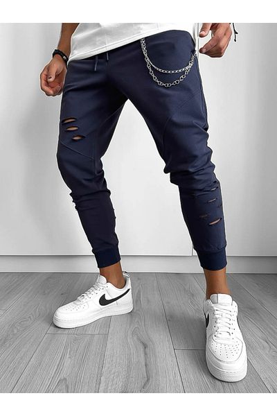 dehaine Men's ripped cotton sweatpants, 12919, navy blue