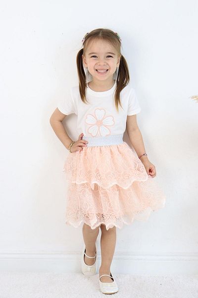 Çocuksan Baby&Kids Wear Girls' Special Occasion Set Salmon Lace Layered Skirt and Floral Top Party Set