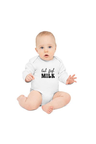 OEM Body Bebelusi, alb, Nou Nascut, fete/baieti, cu mesaj amuzant, marimea 68, But First Milk