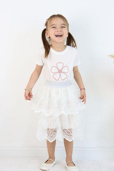 Çocuksan Baby&Kids Wear Girls' Special Occasion Set White Lace Layered Skirt and Floral Top Party Set
