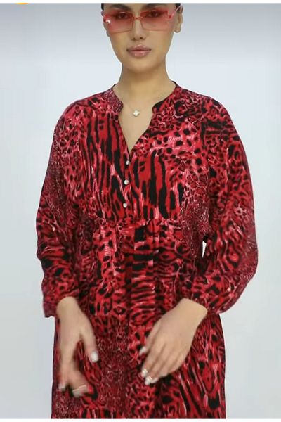 AKŞEN GİYİM Plus Size Leopard Patterned Summer Cotton Viscosin Fabric Balloon Sleeve Tested Dress