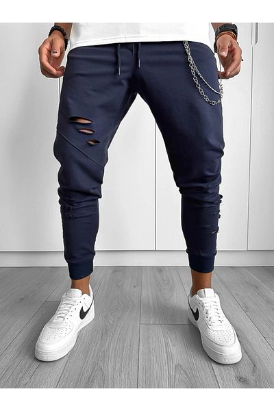 dehaine Men's ripped cotton sweatpants, 12919, navy blue