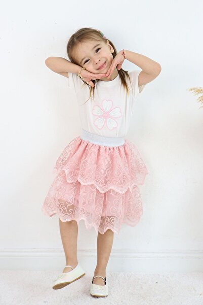 Çocuksan Baby&Kids Wear Girls' Special Occasion Set Powder Lace Layered Skirt and Floral Top Party Set