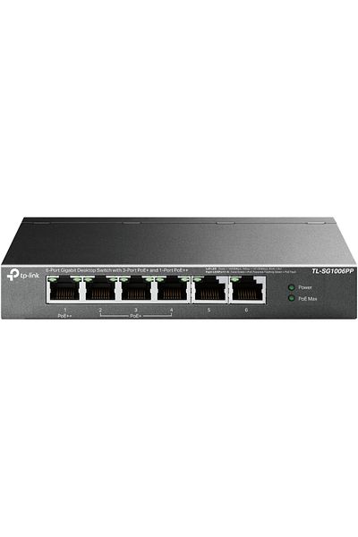 TP-LINK 6-Port Gigabit Desktop Switch with 3-Port PoE+ and 1-Port PoE++ PORT: 1× Gigabit PoE++ Port, 3