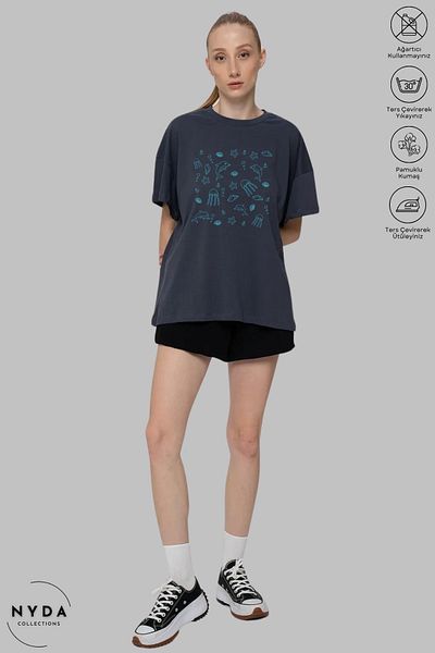 Nyda Collections Women's Crew Neck Sea Creatures Printed Cotton Oversize Short Sleeve T-Shirt