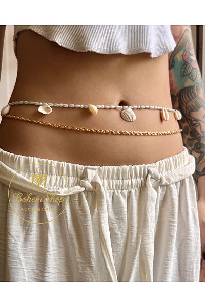 Bohem Shop Turquoise Bohemian Waist Necklace Chain, Beaded Belt Beach Summer Gold Gold Pearl Sea Bikini Oyster