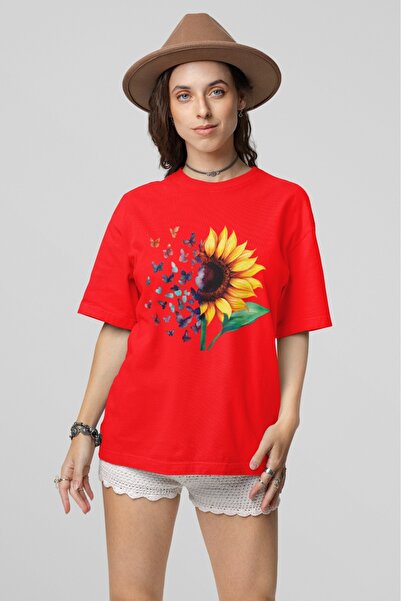 Butik تي شيرت نسائي/بناتي من القطن بنسبة 100% - فراشة وعباد الشمس - تي شيرت ب...