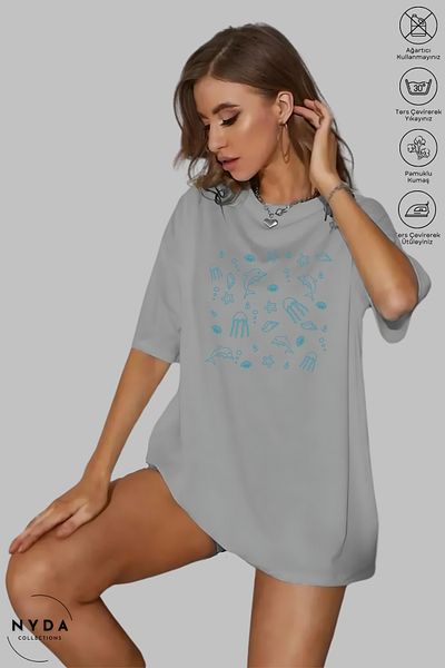 Nyda Collections Women's Crew Neck Sea Creatures Printed Cotton Oversize Short Sleeve T-Shirt