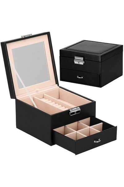 Springos Jewelry box, velvet and eco-leather, black and pink, with mirror, 16x16x11 cm,