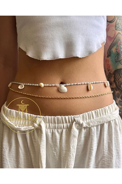 Bohem Shop Turquoise Bohemian Waist Necklace Chain, Beaded Belt Beach Summer Gold Gold Pearl Sea Bikini Oyster