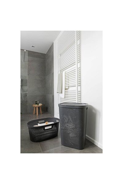CURVER Laundry Basket, 2 Handles, Lid, Plastic, Anthracite, 60 L, 44x35x60 Cm, Infinity Recycled,